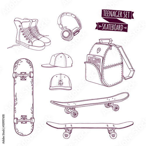 Set teenager things. Street style. Things teenager. All sports skateboarding. Monochrome skateboard set. Hipster style. Cartoon style. Vector
