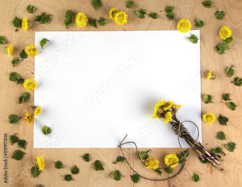 Nature wood background with yellow flowers and green leaves
