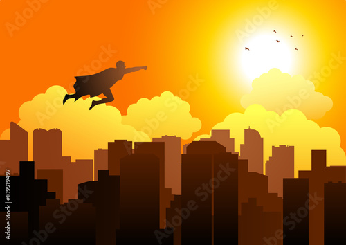 Cartoon silhouette of a superhero flying on cityscape