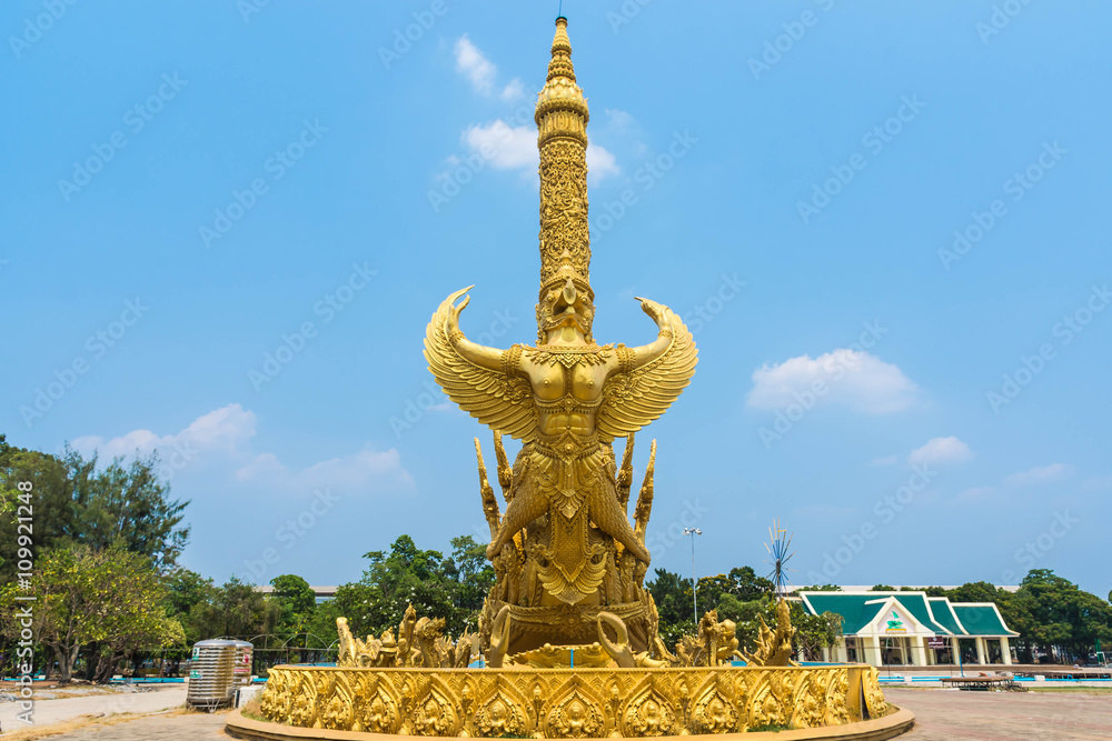 Gold garuda carving on the ship at Thung Sri Muang park in Ubon Ratchathani province, Thailand