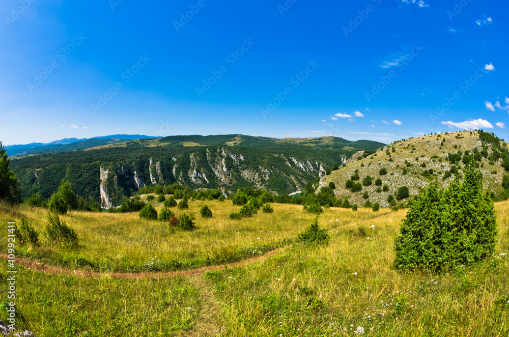 Landscape around river Uvac gorge at sunny summer morning, southwest Serbia