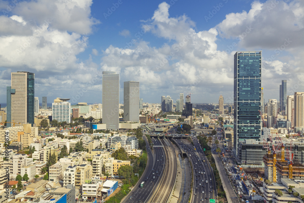 Tel Aviv City Skyline And Ayalon Freeway At Cloudy Day