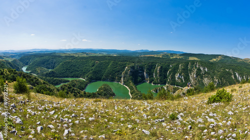 Meanders at rocky river Uvac gorge on sunny morning, southwest Serbia