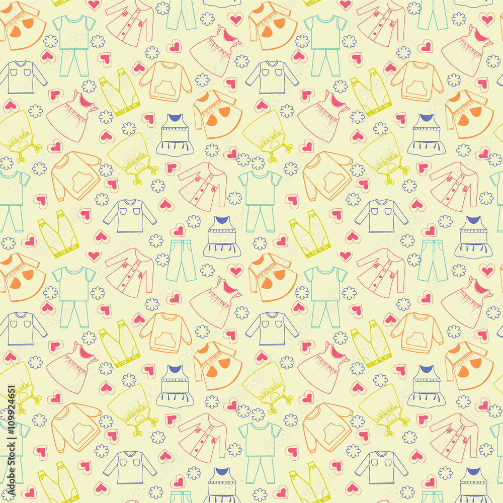 Vector cute background collection of baby and children clothes.