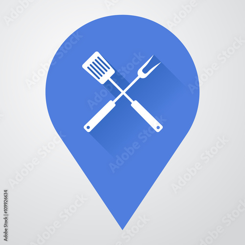 Icono plano localizacion con utensilios de cocina con sombra