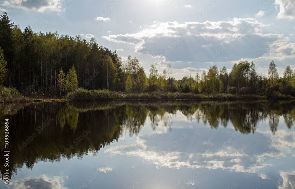 Beautiful forest pond in early spring. Central Russia.
