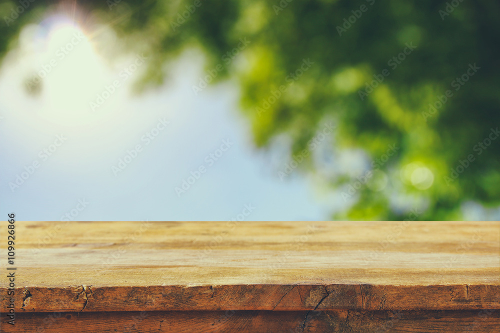 front rustic wood boards and abstract trees background