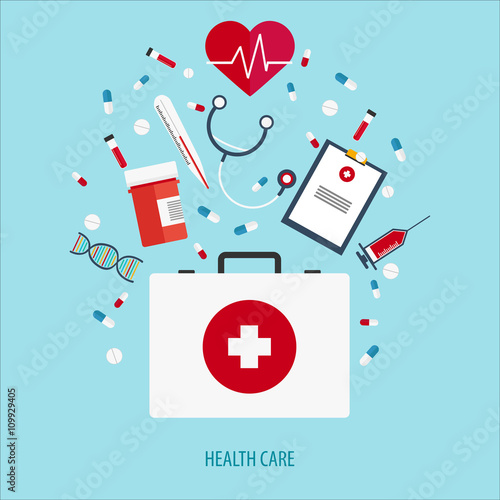 Flat vector illustration. Medical help. First aid. Online doctor. Heart care. Pharmacy, medicaments and vaccines. Healthcare.