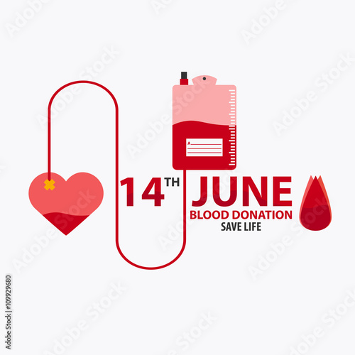 Blood donation logo bag with tube attached to heart. 14 june
