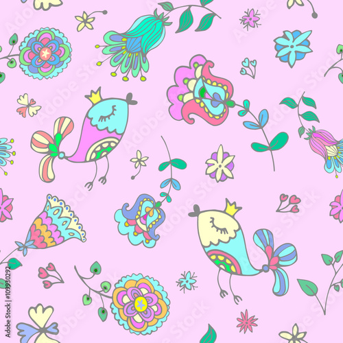 Doodle seamless pattern with birds and flowers 