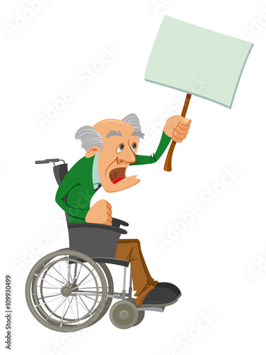 old man in a wheelchair is protesting and holding a wooden stick with a white board banner
