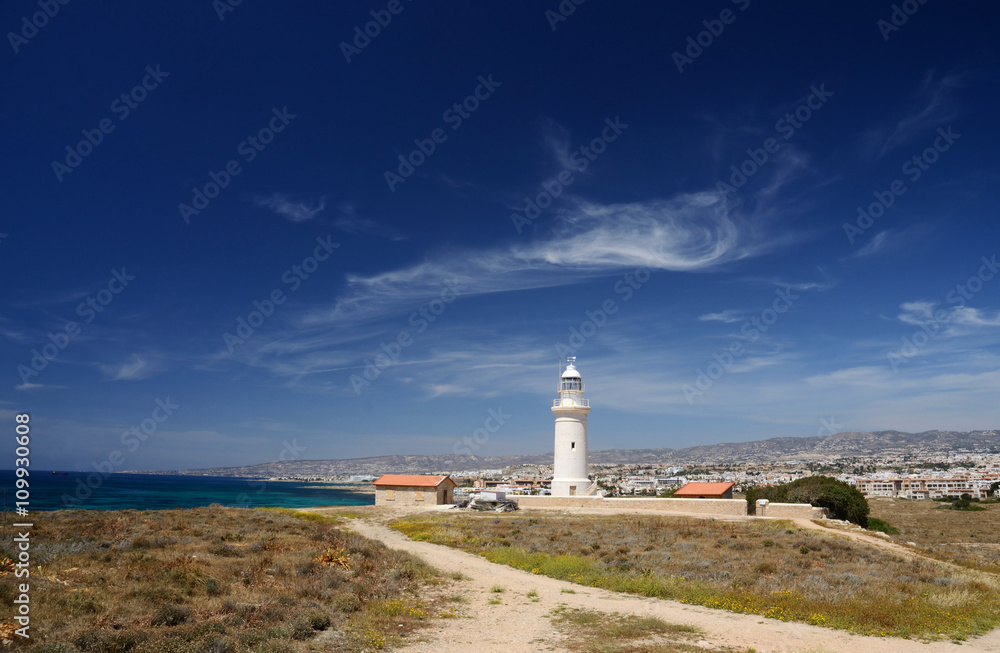 Panorama of old lighthouse near the city of New Paphos ,Cyprus