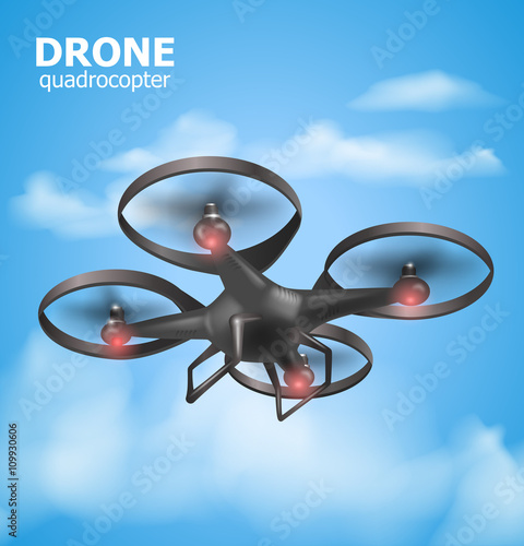 Realistic remote air drone quadrocopter flying in the sky and monitoring security. Isomertic view. Vector illustration 