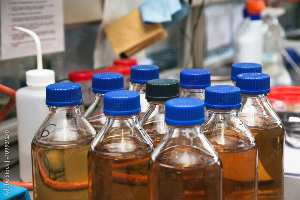 test water samples in the laboratory of water treatment plant / bottles of contaminated water for laboratory analysis test water samples in the laboratory of water treatment plant / bottles of contaminated water for laboratory analysis