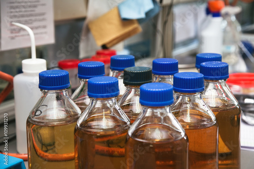 test water samples in the laboratory of water treatment plant / bottles of contaminated water for laboratory analysis
