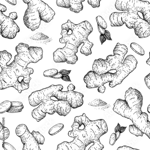 Vector hand drawn Ginger seamless pattern. Ginger root and cuted