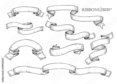 Set of  hand drawn vector scrolled ribbons. Old styled engraved