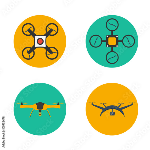 Remote aerial drone with a camera taking photography or video. Flat drones design. Set drones