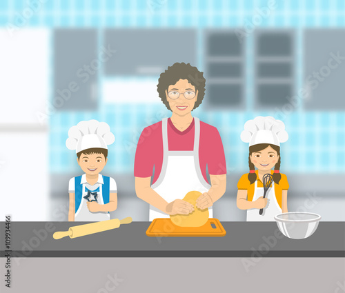 Grandmother and kids bake together at a kitchen. Granny kneads pastry, happy grandson and granddaughter help her. Asian family baking home cookies, pie or cake. Vector flat illustration. 