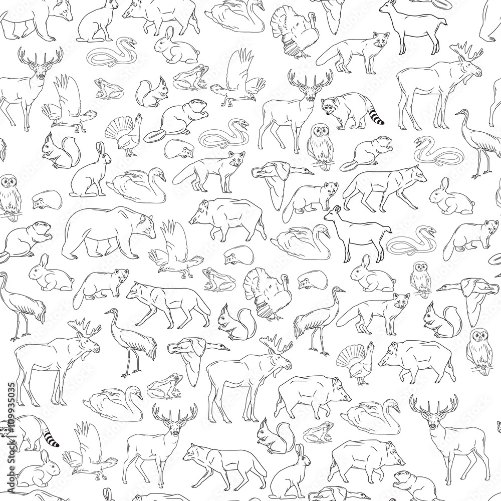 Naklejka premium Hand drawn forest animals. Animals seamless background. Vector