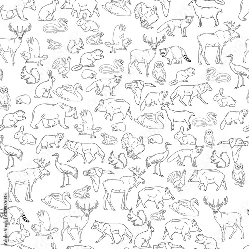 Hand drawn forest animals. Animals seamless background. Vector