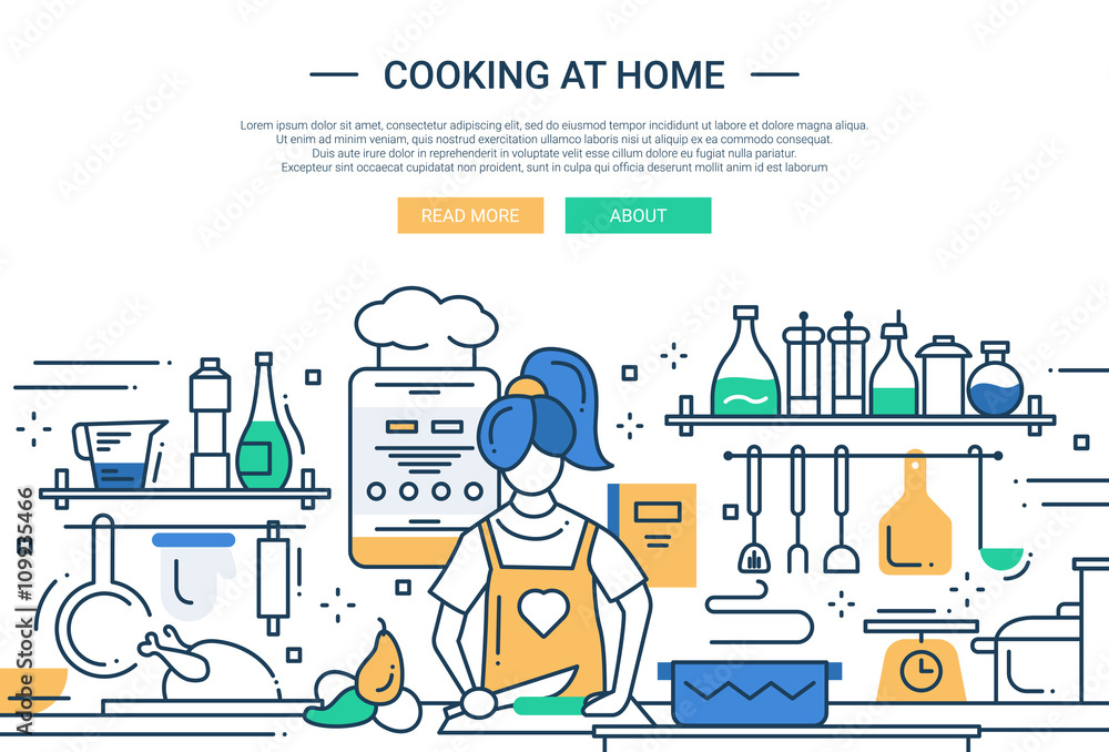 Girl cooking at home - line design website banner Girl cooking at home - line design website banner