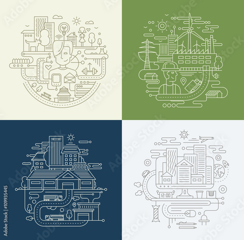 Line Design Compositions Set - City Lifestyle, Factory, Travel