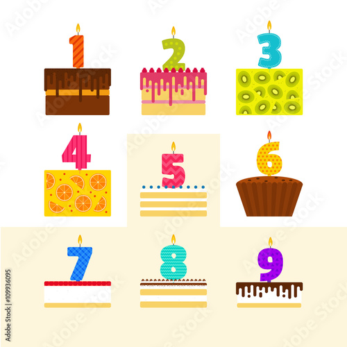Vector illustrations set of birthday cakes with candles in the shape of numbers in flat style. Icons of different pies. For birthday or anniversary party invitation and cards design.