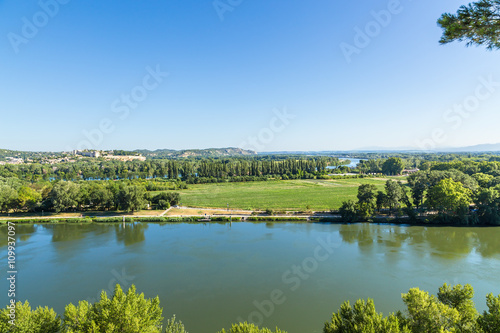 Avignon. Landscape with the island on the Rhone River. In the background the city of Villeneuve-lès-Avignon and Fort Saint-André