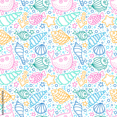 Vector seamless pattern with fish, star, shell, crab, anchor and bubble. Hand drawn doodle sea elements. Bright color objects on white background.