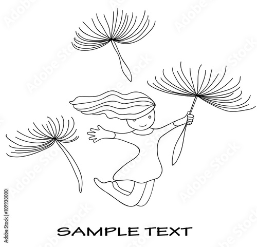 Fototapeta Naklejka Na Ścianę i Meble -  vector illustration of a hand-drawn girl who is flying on a dandelion on a white background with space for text