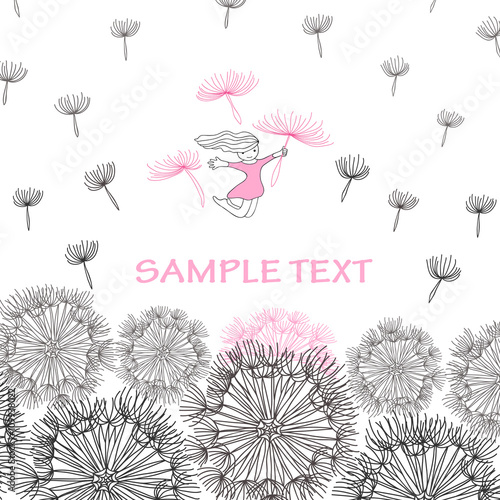 Fototapeta Naklejka Na Ścianę i Meble -  vector illustration of a hand-drawn girl who is flying on a dandelion on a white background with space for text