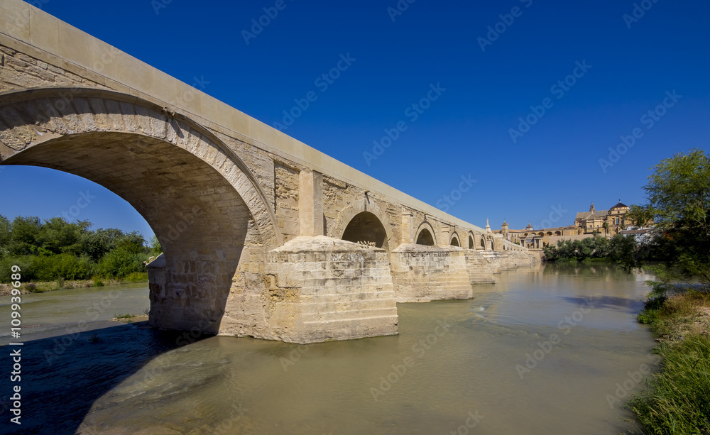 Obraz premium Römische Brücke, Puente Romano über den Rio Guadalquivir hinten Mezquita, Moschee-Kathedrale, Cordoba, Andalusien, Spanien, Europa