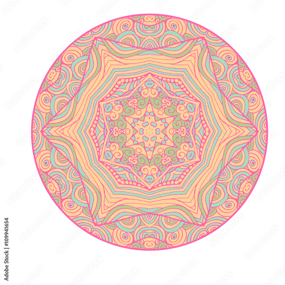 Colorful ornamental ethnic card with mandala. Template with doodle tribal mandala. Vector illustration. Can be used for wedding invitation design and other print design.