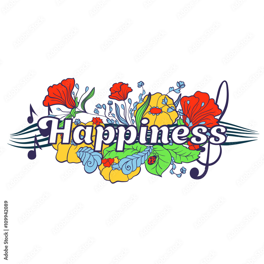 Typography lettering with flower elements on the background. Word Happiness