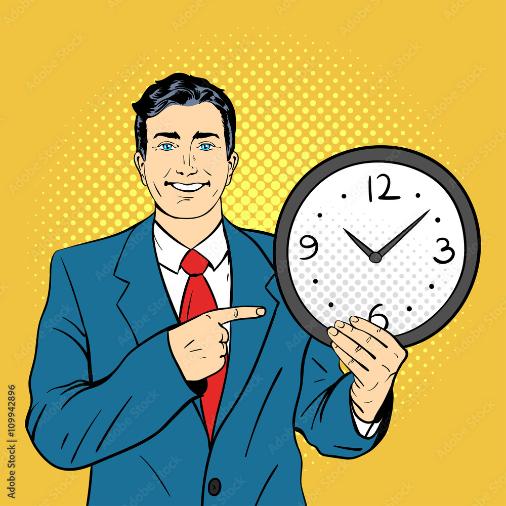 Vector hand drawn pop art illustration of businessman holding watch Vector hand drawn pop art illustration of businessman holding watch