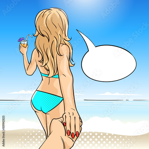 Vector hand drawn pop art illustration of young woman on the beach