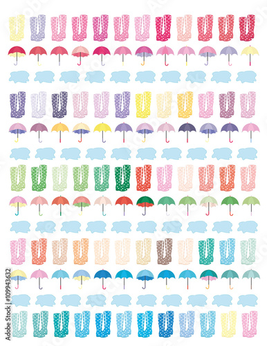Rain Boots,Umbrellas and Rain Puddles.Colorful. Minimalistic .Flat Design.Flat Colors.Printable Planner stickers for journaling,school,office,scrapbook,planner etc.Isolated.vector set elements