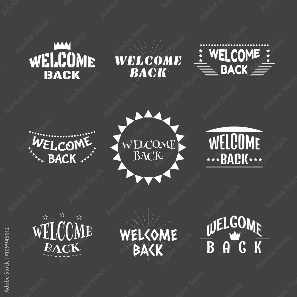 Welcome back. Set of 9 labels, stickers, emblems or badges. Deco Welcome back. Set of 9 labels, stickers, emblems or badges. Deco