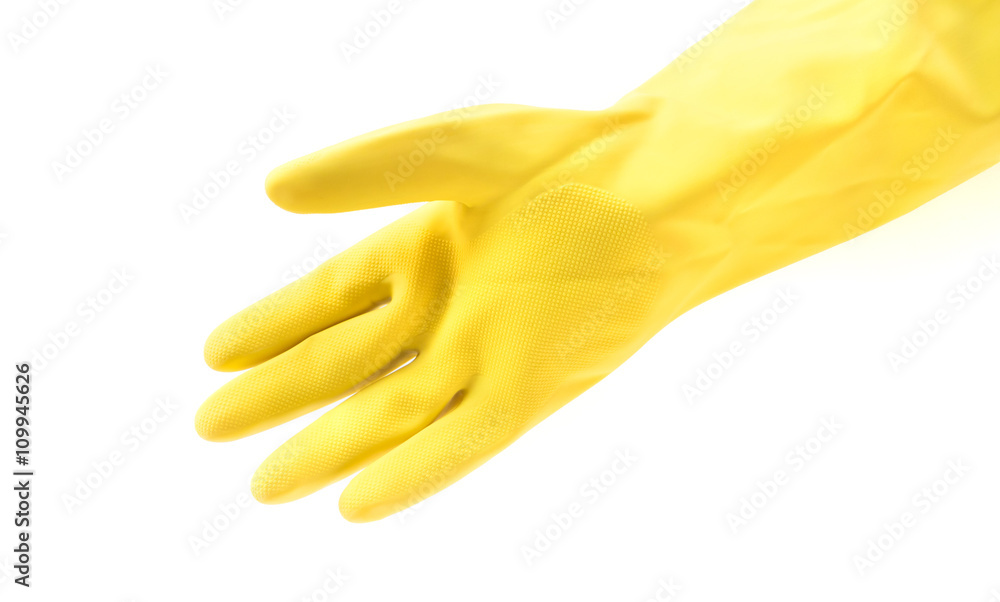 Hand wearing yellow rubber gloves for cleaning on white background, workhouse concept Hand wearing yellow rubber gloves for cleaning on white background, workhouse concept