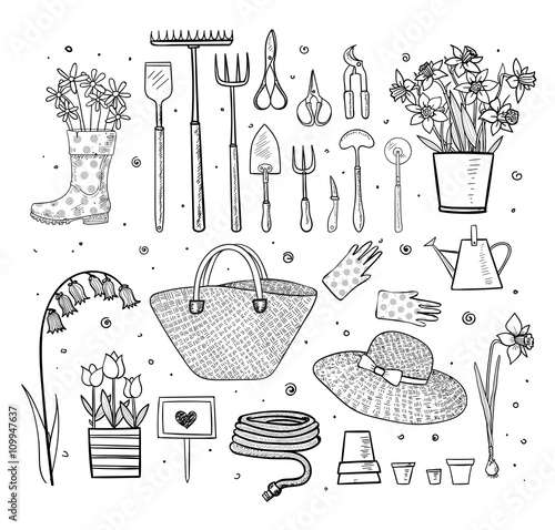 Collection of spring doodle sketch elements on white background: flowers, gardener's tool, bugs, spring trees, bird's nests with eggs.