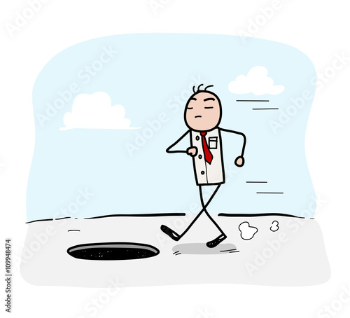 Arrogance, a hand drawn vector doodle illustration of an arrogant businessman about to meet his fall.