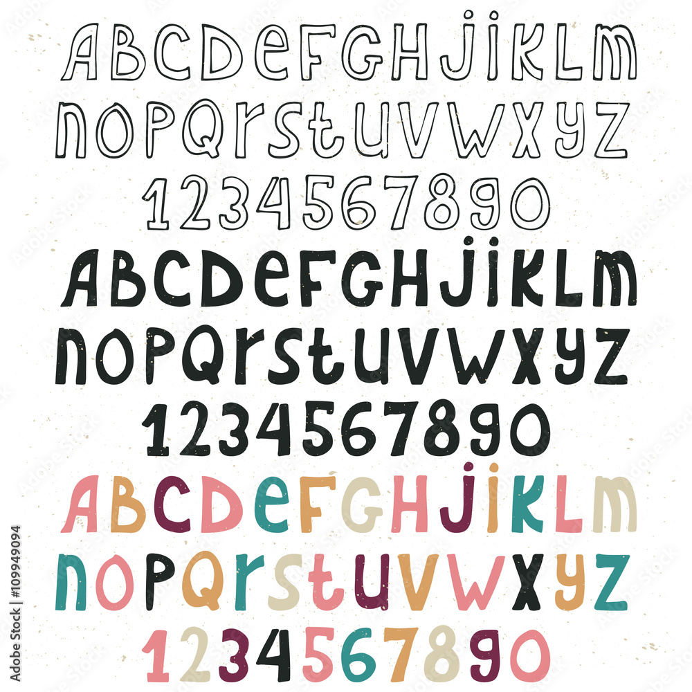 Set of hand drawn alphabet isolated on white background, doodle letters collections, three variations. Set of hand drawn alphabet isolated on white background, doodle letters collections, three variations.