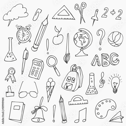 Hand drawn back to school doodles. Vector illustration of school supplies. Back to School.