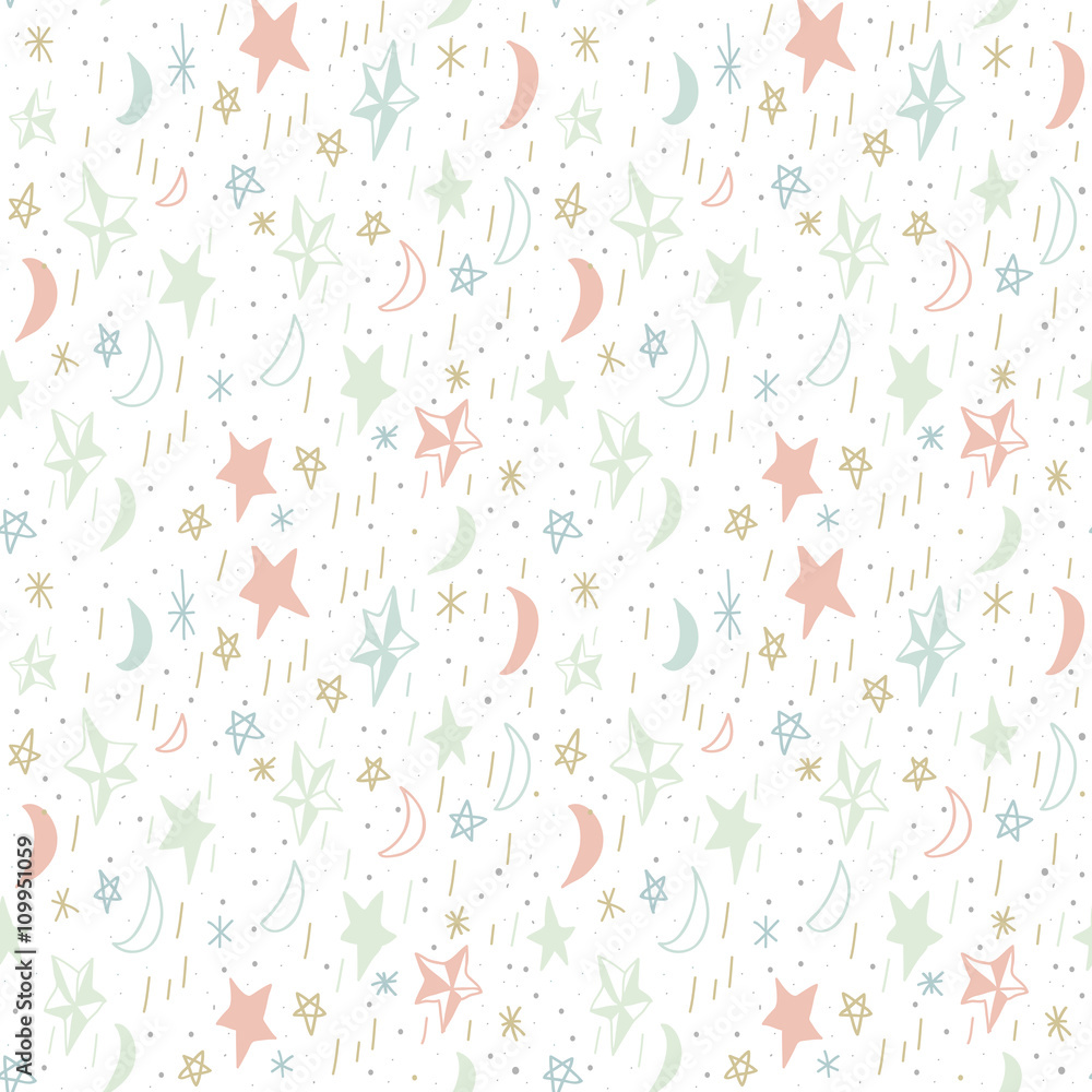 Fototapeta premium Cute seamless pattern with hand drawn moons and stars. Editable vector illustration. White background.