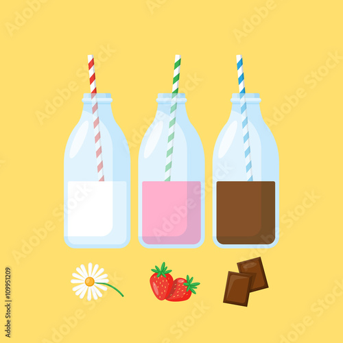 Bottles with milk, stawberry milk and chocolate milk. Flat moder