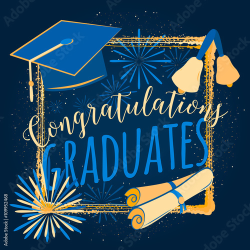 Vector illustration on dark background congratulations graduates 2016 class of, color design for the graduation party. Typography greeting, invitation card with sunburst, diplomas, hat, bells
