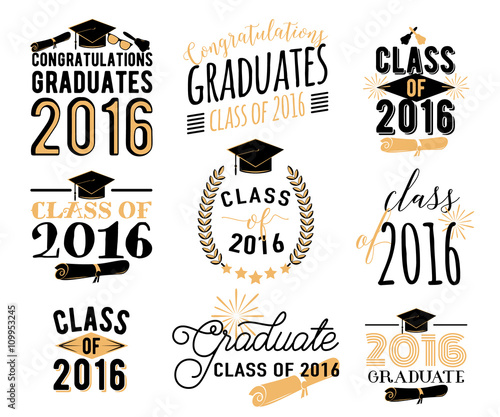 Graduation wishes overlays, lettering labels design set. Retro graduate class of 2016 badges. Hand drawn emblem with sunburst, hat, diploma, bell. Isolated. Graduates logos for web, print.