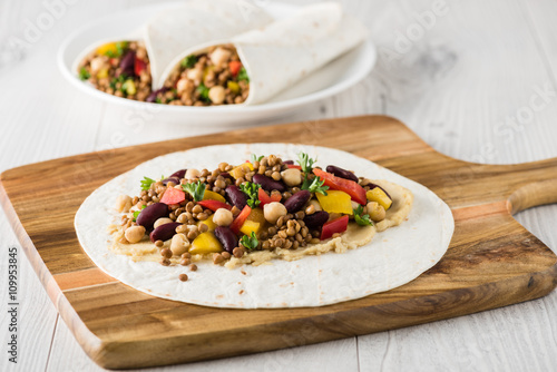 Vegan wraps with lentil, chickpea peppers and kidney bean