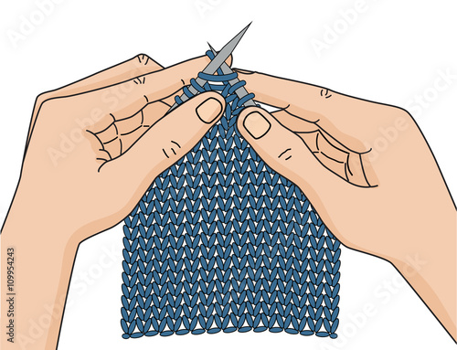 Knitting hands on a  white background.Blue yarn.Vector illustration
